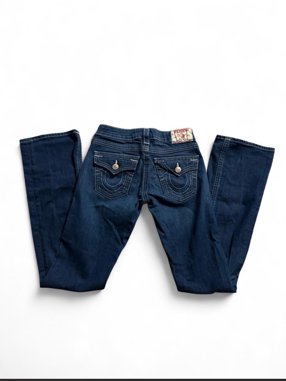 True Religion Dark Blue Boot Cut Jeans with Signature Pocket Stitching